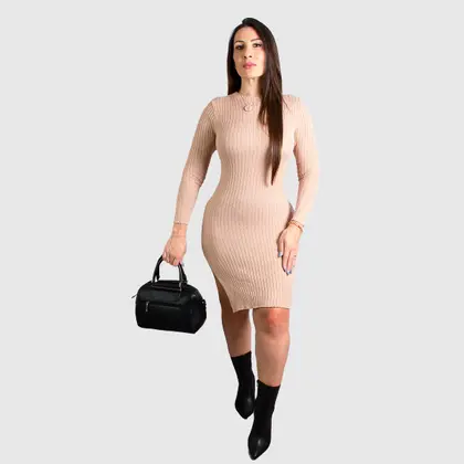 Vestido Feminino Manga Longa Inverno Midi Tricot Tubinho - Swiss Boutique