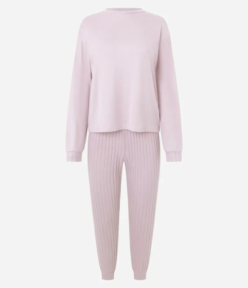Pijama Longo em Tricô com Calça Canelada Rosa Claro
