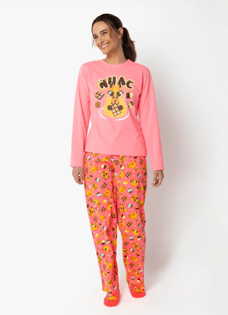 Pijama Manga Longa Feminino Capivara Chocolate