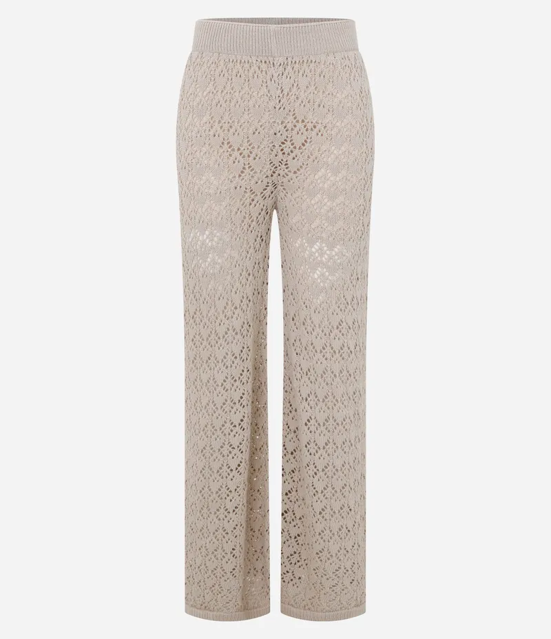 Calça Pantalona em Tricô com Ponto Trabalhado Bege