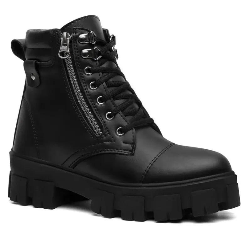 Bota Coturno Tratorada Feminina Preta Sola Alta Ziper Lateral Blogueira Moda Moderna Confortável - Preto
