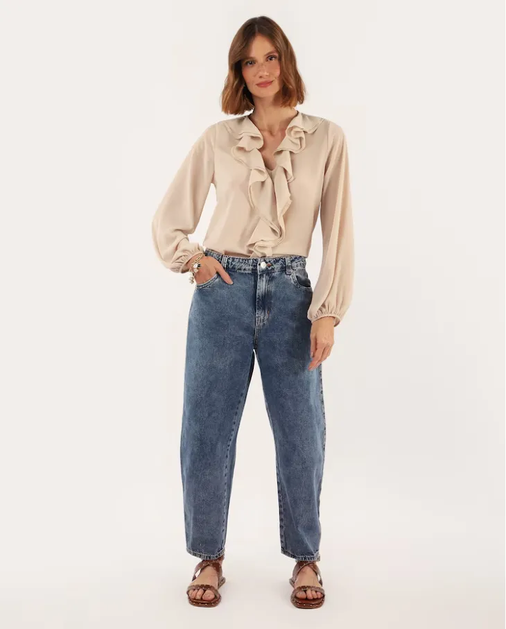Calça jeans feminina barrel estonada - Jeans Médio | Pool Jeans