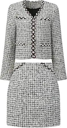 Hobemty Conjunto de terno feminino xadrez de tweed com 2 peças, blazer curto, conjunto de saia e jaqueta