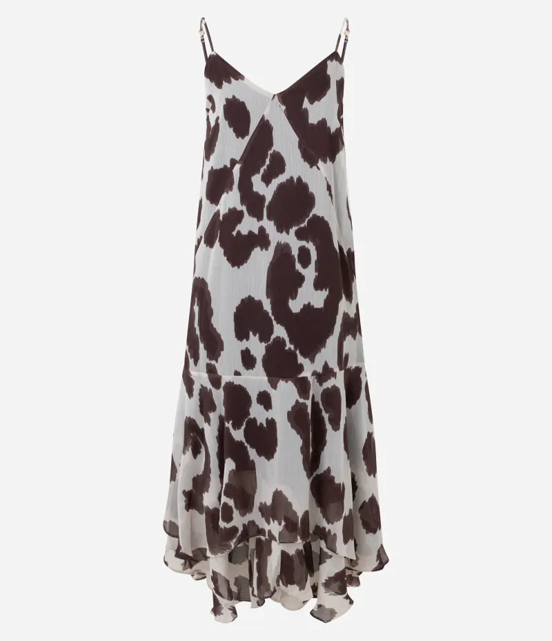 Vestido Longo em Chiffon Animal Print com Decote V Vaquinha