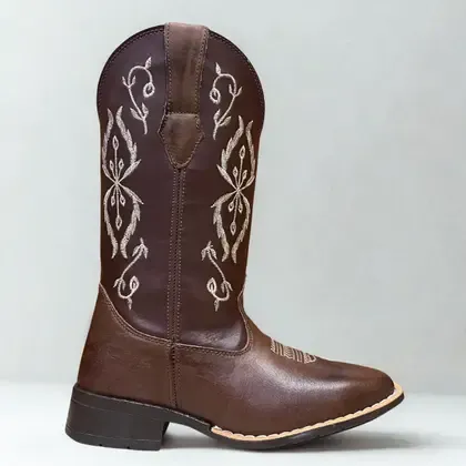 Bota Texana Feminina em Couro Legítimo Café Cano Bordado Haras Kapell