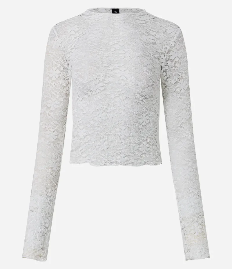 Blusa Manga Longa em Renda Texturizada Branco