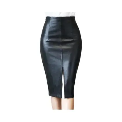 Saia Midi De Couro Preto Para Mulheres, Outono, PU, Estilo Lápis, Sexy, Com Fenda Frontal E - Yezw