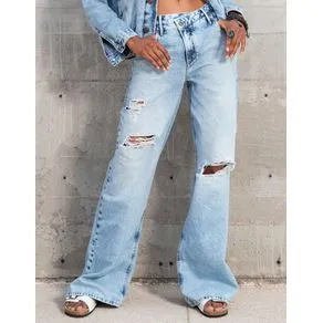 CALÇA FEMININA JEANS WIDE DESTROYED